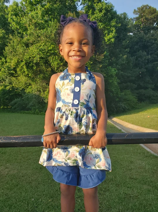 D7-19 Blue flower top polka dot halter neck suit