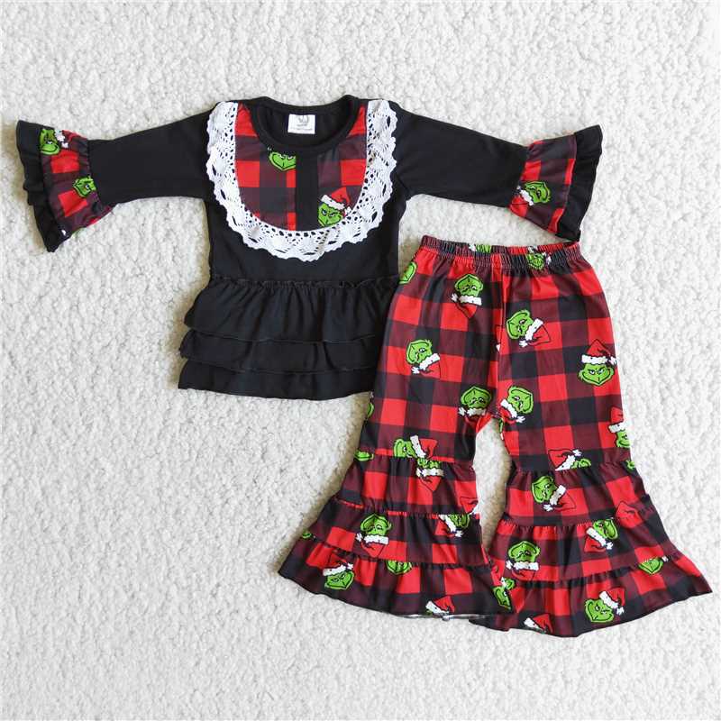 6 A12-29 Cartoon cute black top red plaid pants