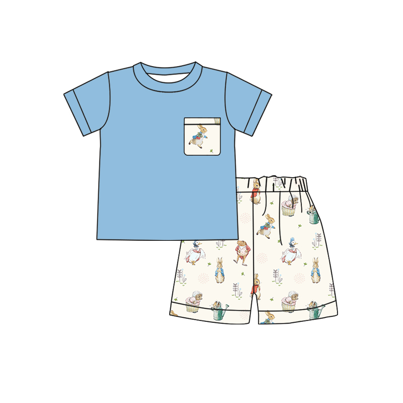 BSSO0115 Baby Boys Rabbit Pocket Blue Short Sleeve Shorts Set