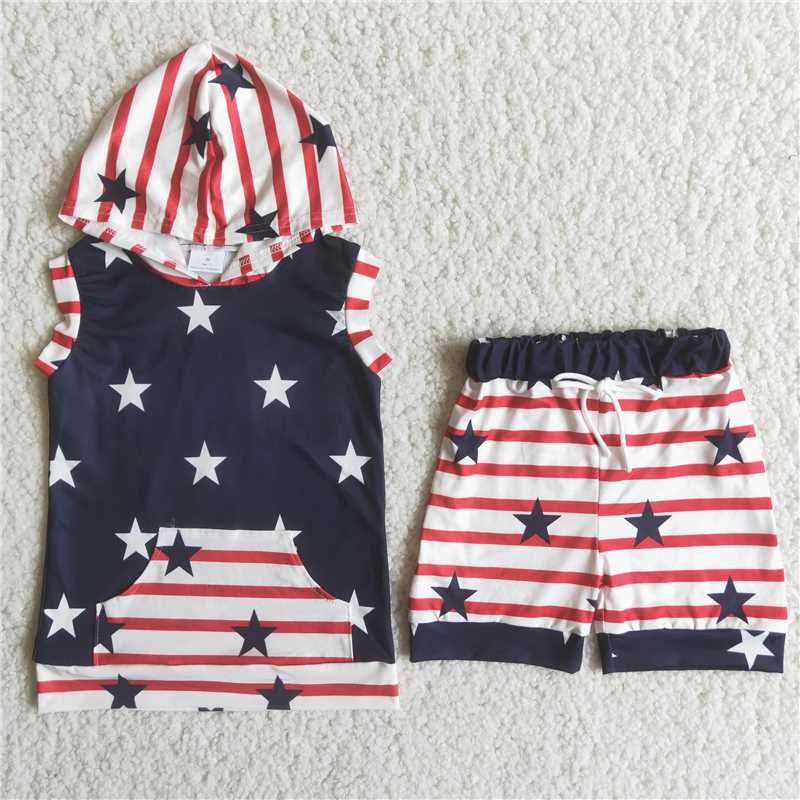 C14-23 Boy 4th of July Stars Stripe Sleeveless Boys' Hoodie Set