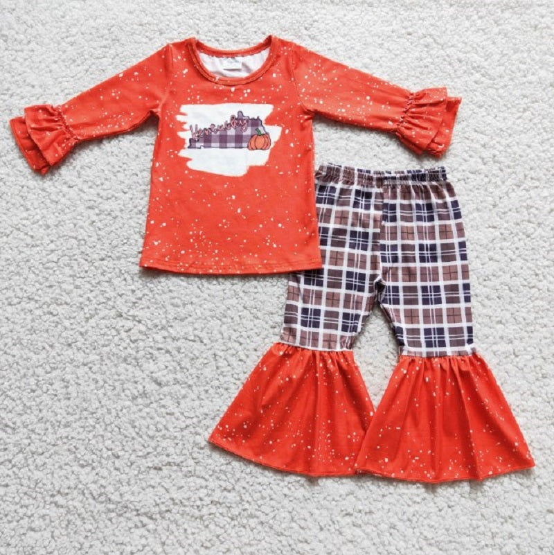 6 C7-18 Pumpkin Orange Top Plaid Flared Pants Outfit D 8.7