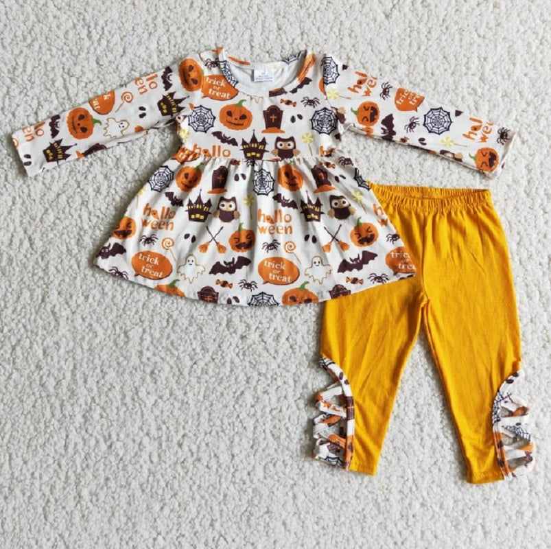 6 C7-38 Halloween Pumpkin Long Sleeve Top Yellow Trousers Set D 920