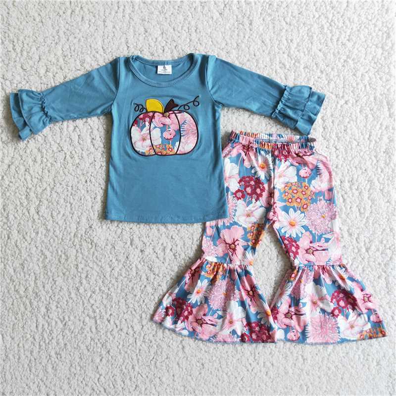 6 C8-39 Embroidered Pumpkin Blue Top Print Flared Pants Set