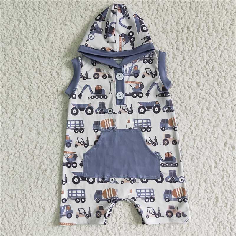 SR0045 Boys Digger Pocket Button Hooded Sleeveless Bodysuit