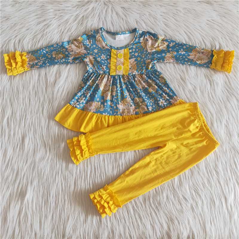 6 A33-17 Floral Blue Top Yellow Lace Pants Set