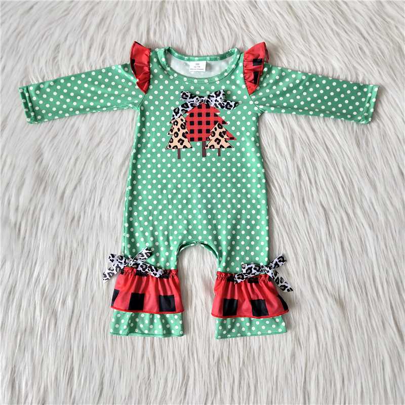 A1-26-2 Christmas Tree Polka Dot Green Long Sleeve Bodysuit