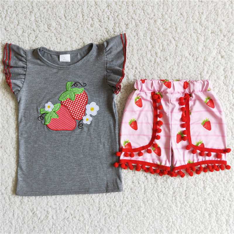 D8-27 embroidered strawberry shorts set