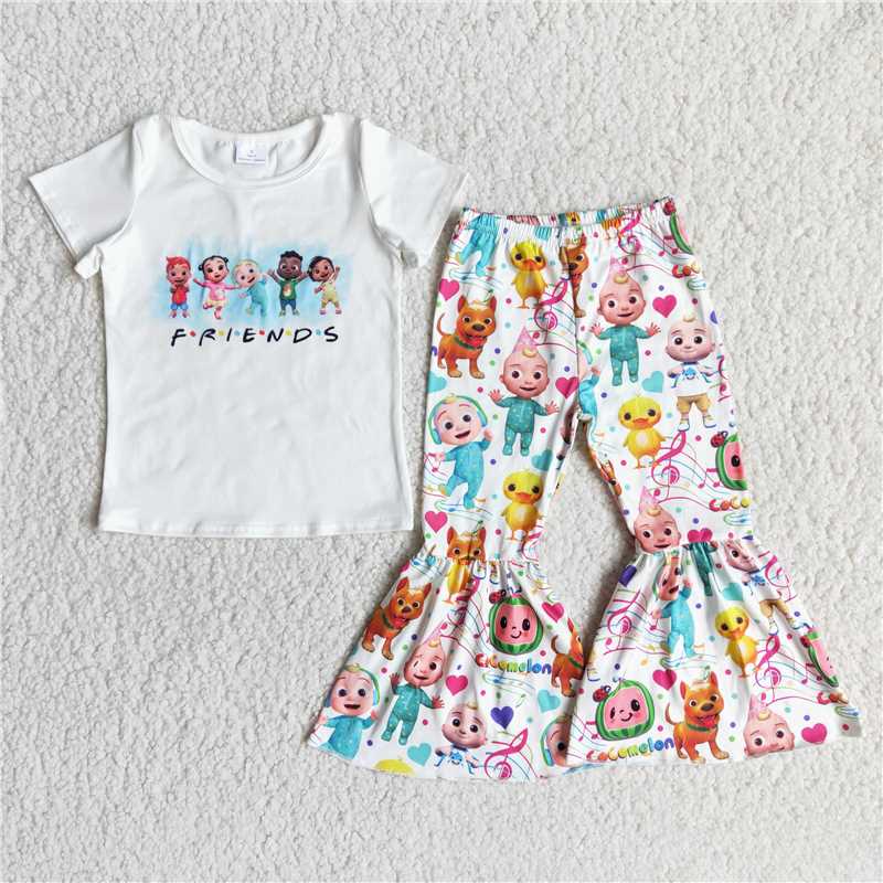 E13-4 Cartoon White Short Sleeve Flared Pants Suit