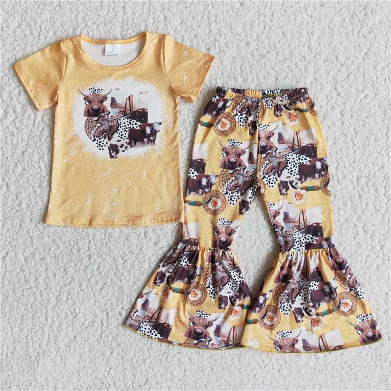 E13-17 Yellow Short Sleeve Top Bull Head Flared Pants Set