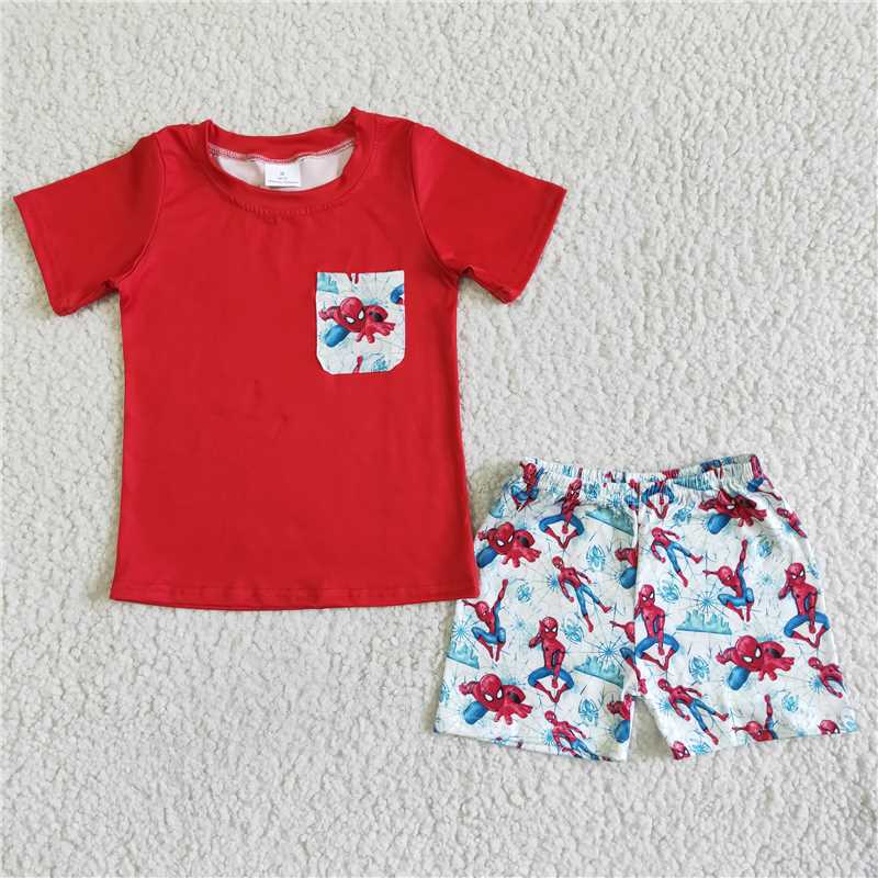 BSSO0009 Red Spide Pocket Short Sleeve Shorts Set