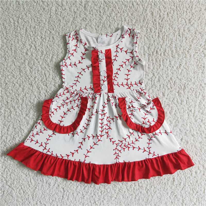 GSD0029 White Sleeveless Baseball Print Red Lace Pocket Button Skirt D 6.5
