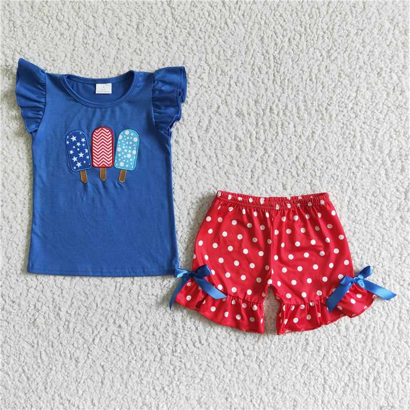 GSSO0090 Girls 4th of July Embroidered Popsicle Fly Sleeve Bow Shorts Suit