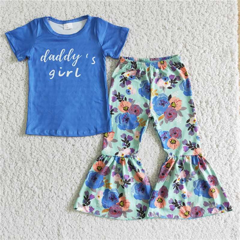 E2-4 Blue Letter Top Print Flared Pants Set