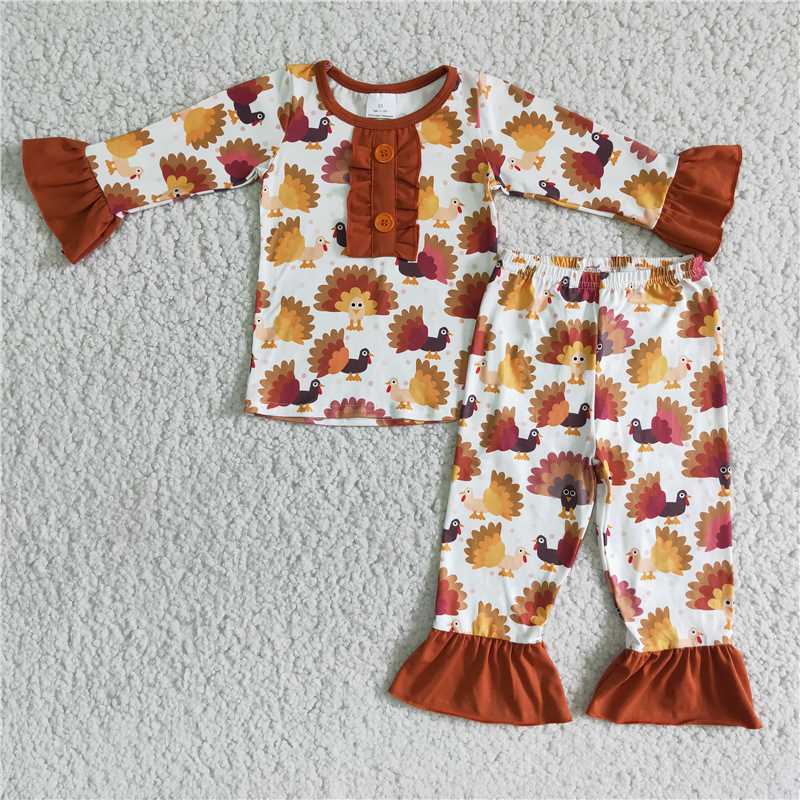 6 A8-13 KIDS GIRLS THANKSGIVING TURKEY PAJAMAS SET
