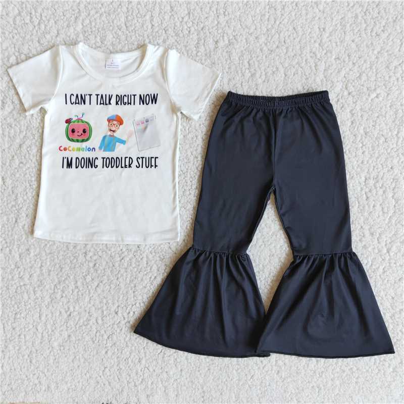 E9-14 Cartoon Short Sleeve Black Flared Pants Set