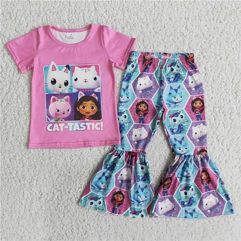 E14-11 Cartoon cat short-sleeved flared pants suit