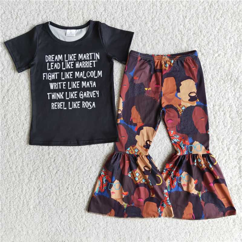 E11-19 Alphabet Black Short Sleeve Flared Pants Set