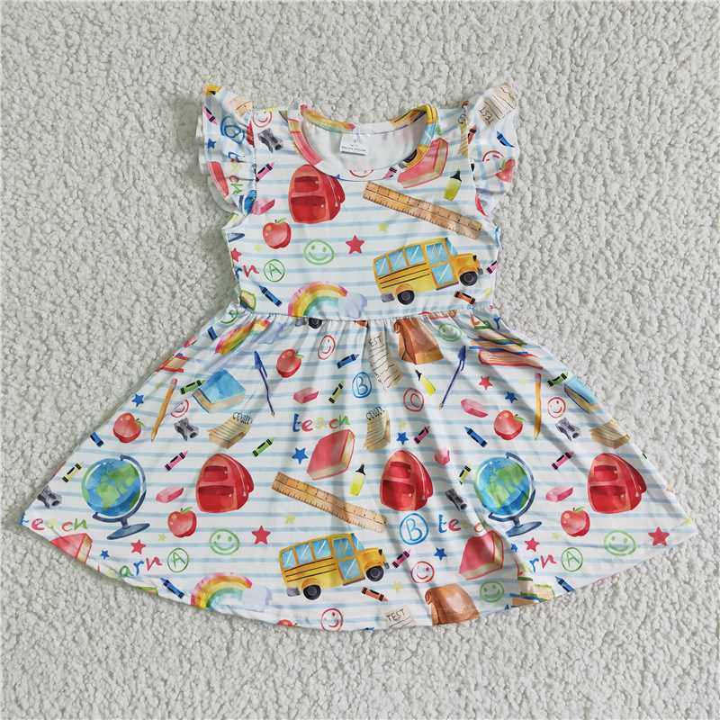 GSD0085 Baby Girl Back to School Smiley Flying Sleeve Dress