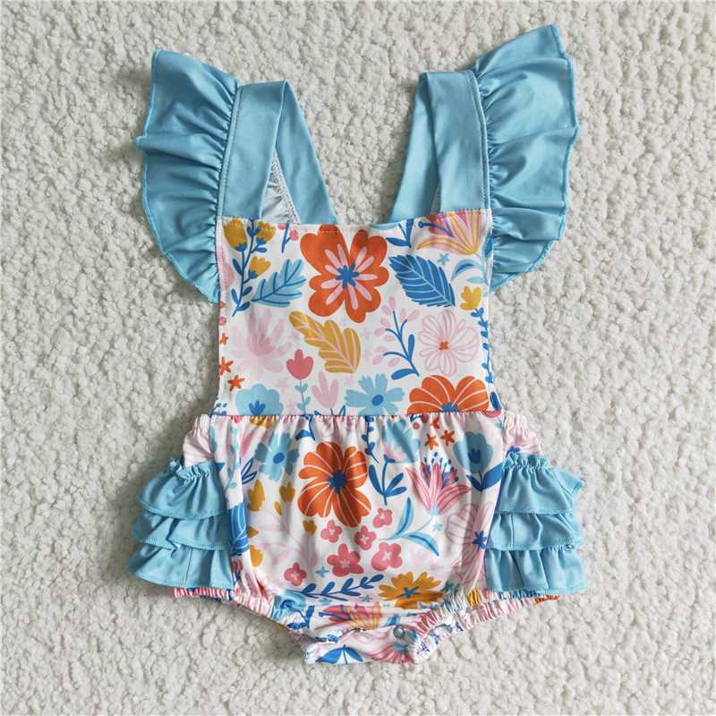 SR0037 Girls Blue Flying Sleeve Floral Bodysuit