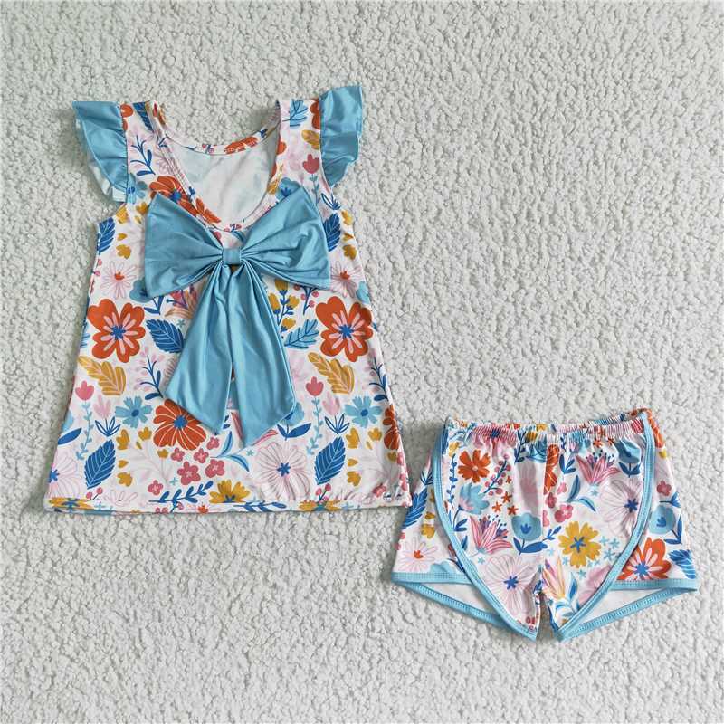 GSSO0098 Blue Bow Print Girls Suit