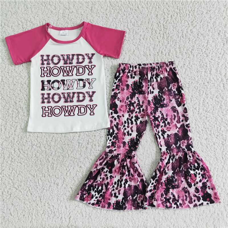GSPO0018 Pink Short Sleeve Cow Print Flared Pants Set