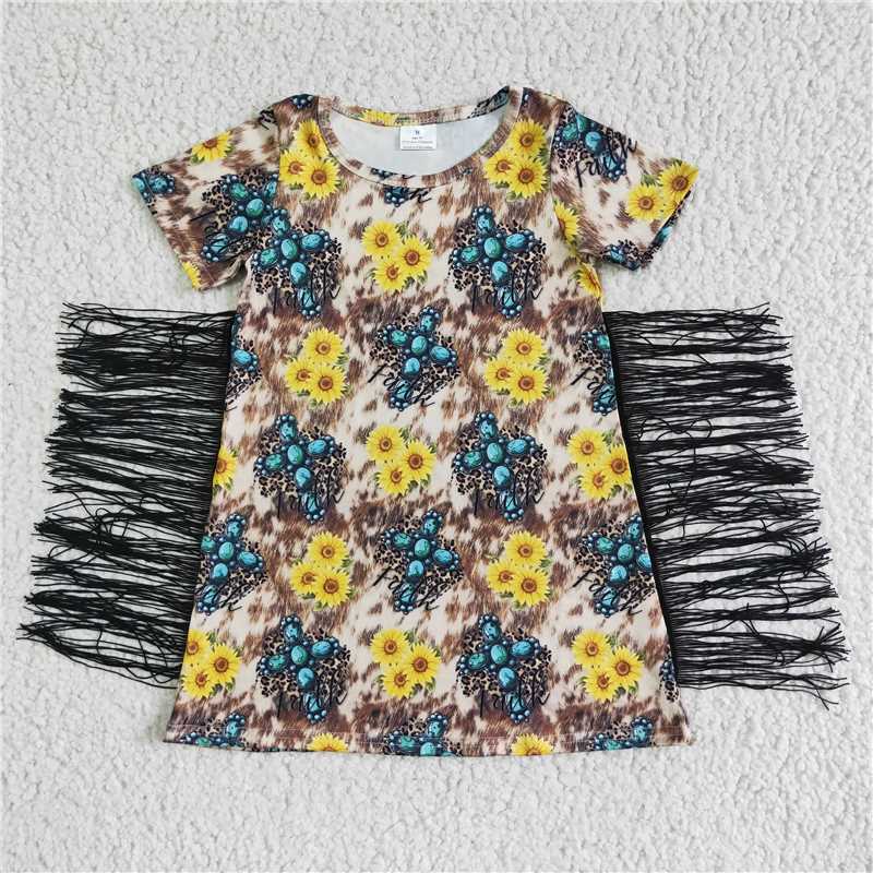 GSD0056 Girls Blue Jewel Sunflower Fringe Short Sleeve Skirt