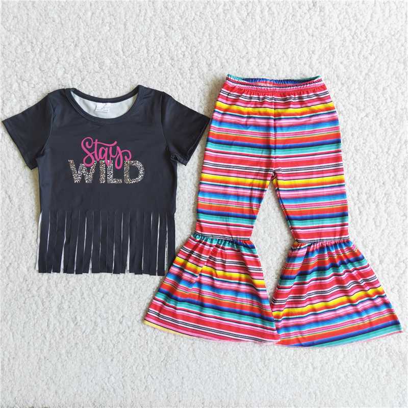 D13-2 Black Fringe Lettering Short Sleeve Colorful Striped Pants Set