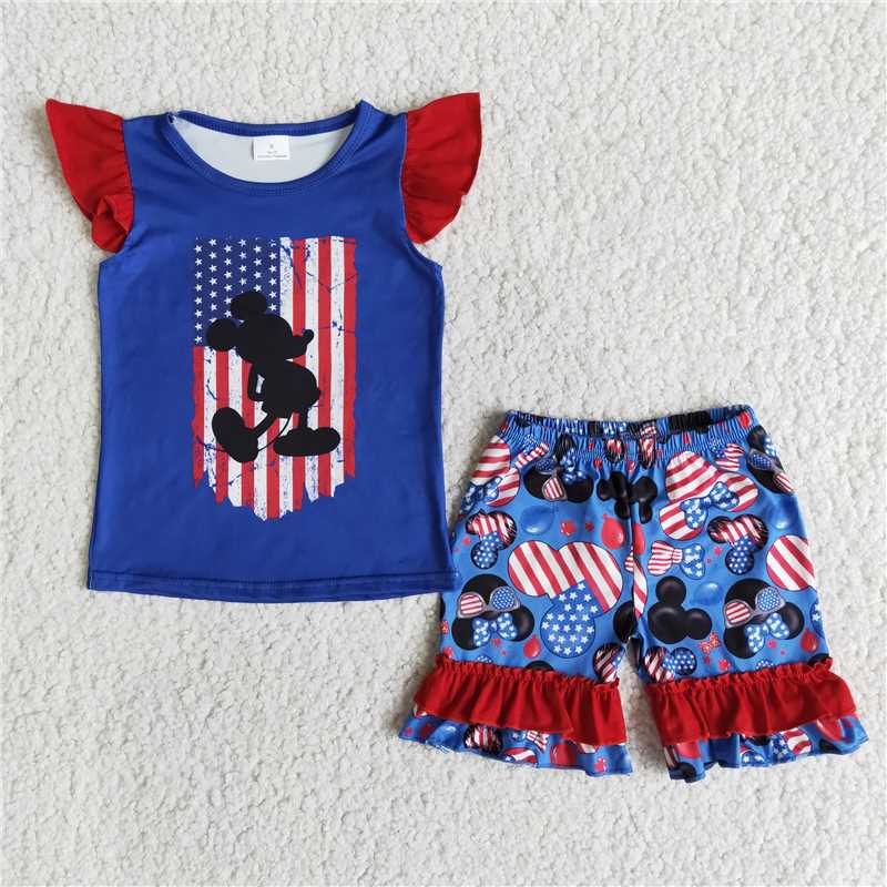 E12-1 4th of July flag cartoon mouse shorts set