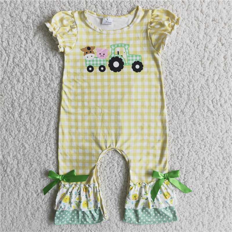 D13-11 Yellow check pig cow green truck romper