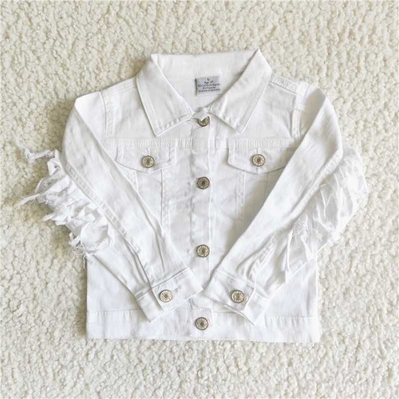 6 A32-28 White Denim Top Fringed Long Sleeve Jacket