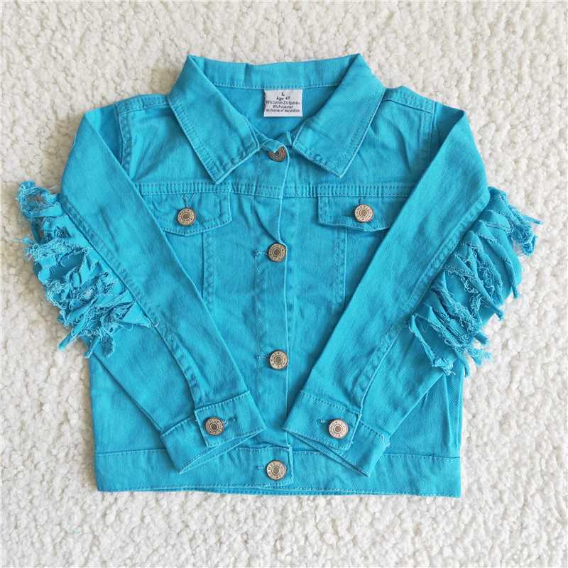 6 A32-29 Blue Denim Top Fringed Long Sleeve Jacket