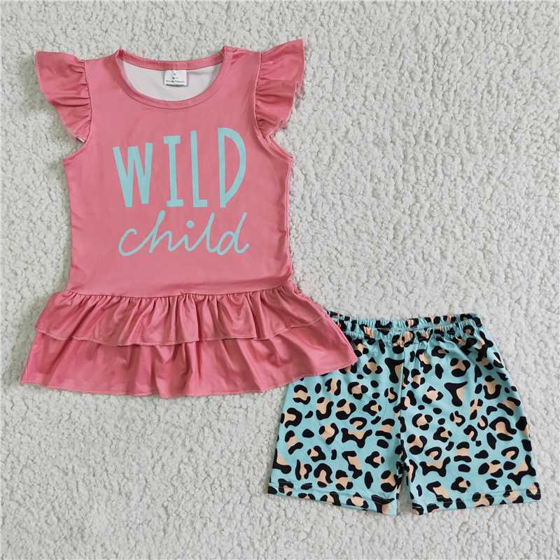 GSSO0036 Girls Pink Flying Sleeve Letter Leopard Blue Short Sleeve Short