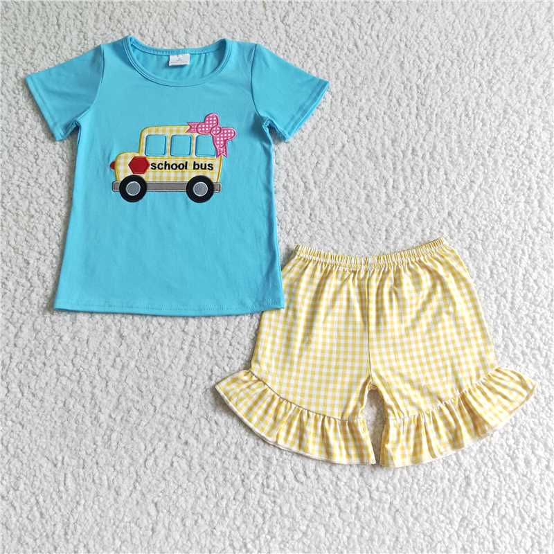 GSSO0093 Back To School Girls Blue Embroidered Car Short Sleeve Yellow Lace Shorts Suit