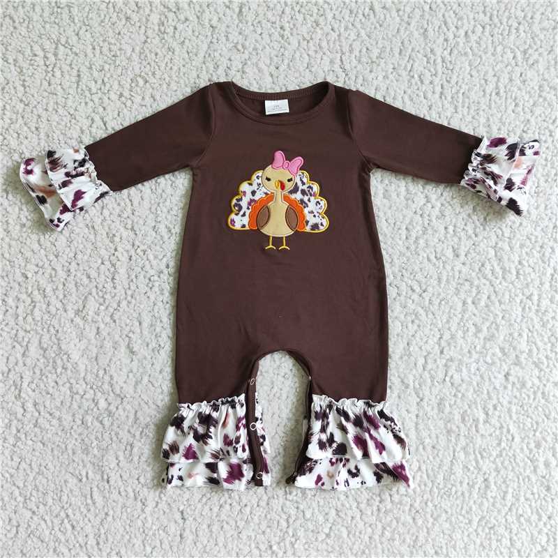 LR0038 Girls Embroidered Thanksgiving Turkey Brown Bodysuit