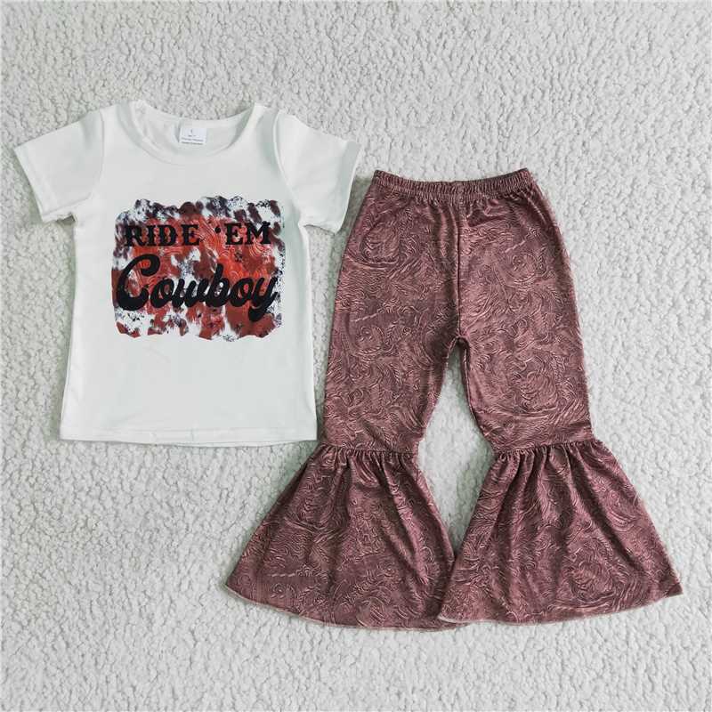 B15-28 Cowboy White Short Sleeve Flared Pants Set