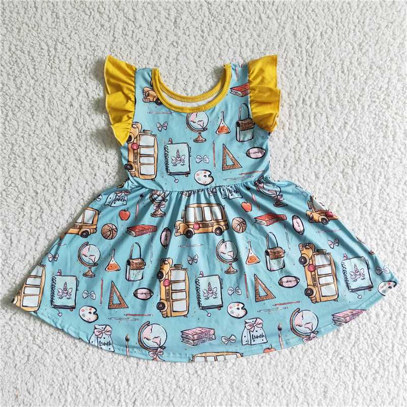 GSD0054 Baby Girl Back to School Yellow Flying Sleeves Blue Car Globe Dress