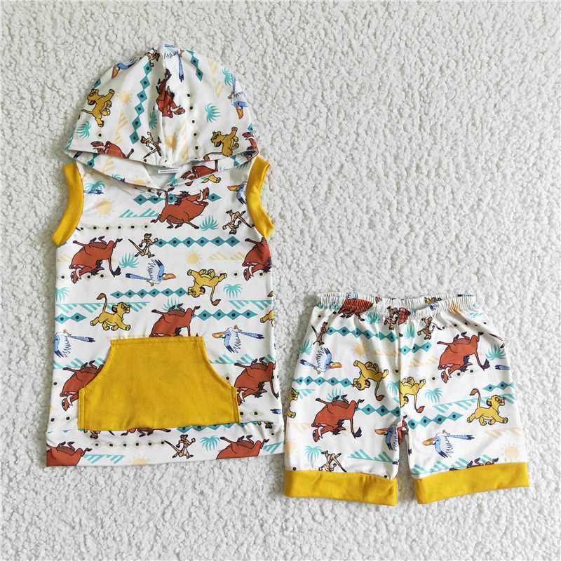BSSO0039 Boys' Lion King Pocket Sleeveless Hooded Shorts Set