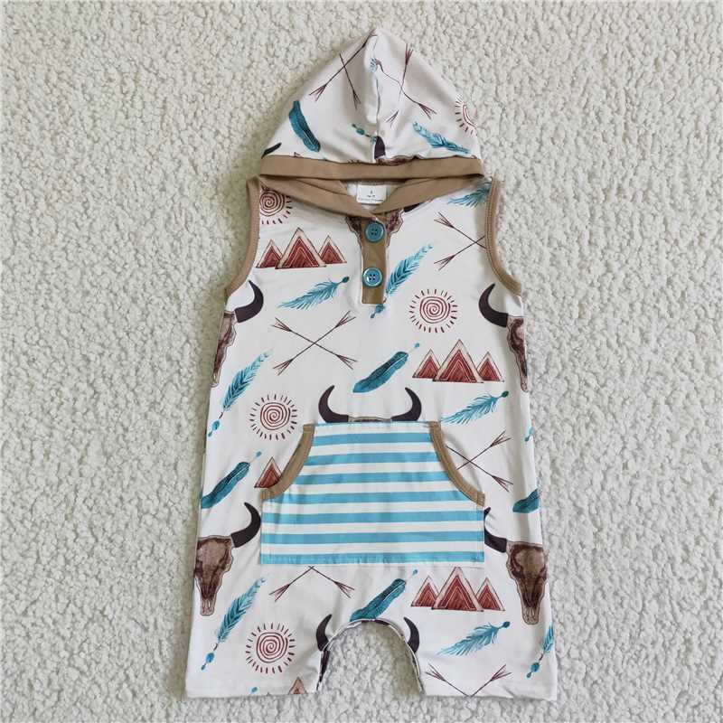 SR0014 Boys Sleeveless Hooded Bull Head Button Feather Bodysuit