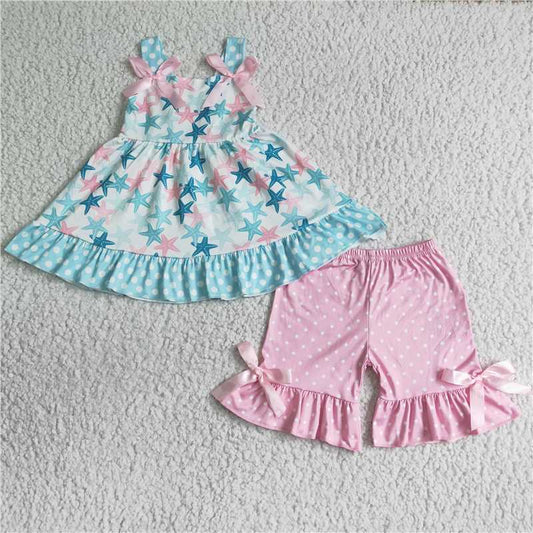GSSO0058 Sling Bow Blue Star Pink Shorts Set
