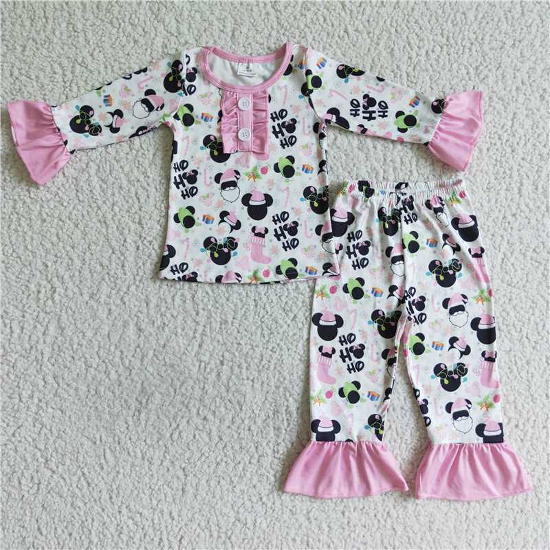 GLP0105 Girl Christmas pink cartoon long -sleeved long trousers suit