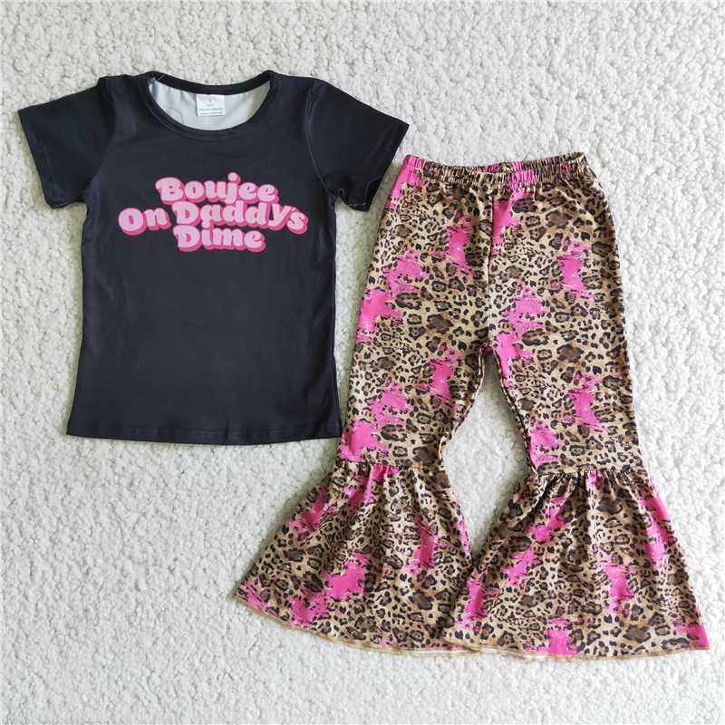 E4-16 Alphabet Black Short Sleeve Top Leopard Print Flared Pants Set D 4.10