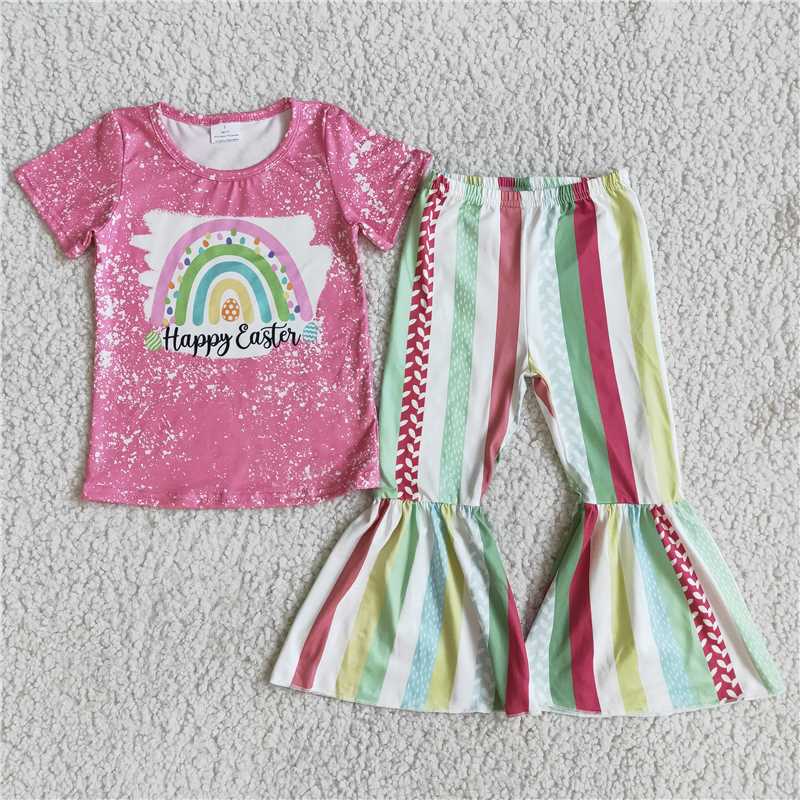 D5-19 Rose Red Short Sleeve Striped Flared Pants Set