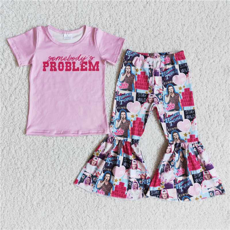 E8-4 Pink Short Sleeve Heart Flared Pants Set D 4.16