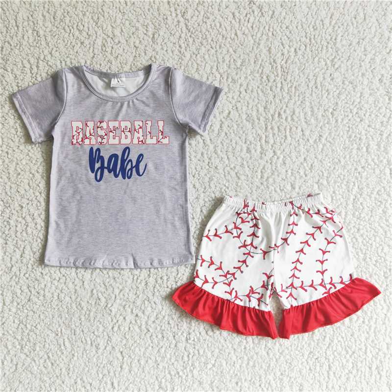 GSSO0018 Grey Baseball Short Sleeve White Red Trim Shorts Set