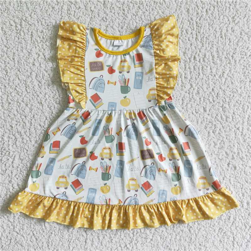 GSD0061 Back to School Baby girl yellow flying sleeve car bag book dress