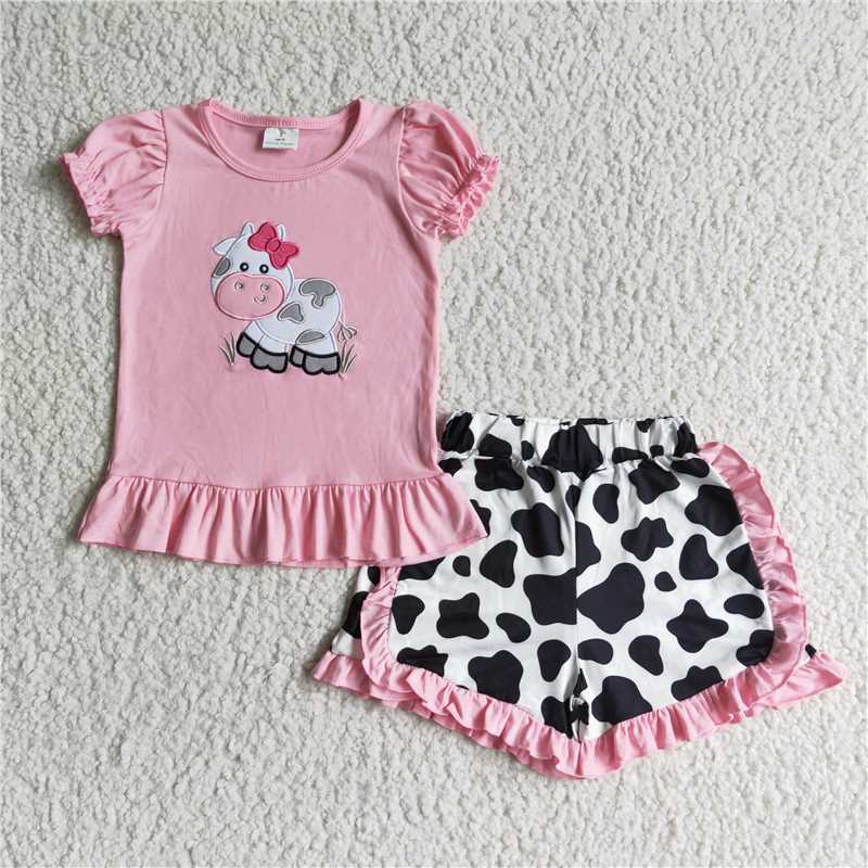 GSSO0105 Girls Pink Cow Short Sleeve Lace Shorts Suit