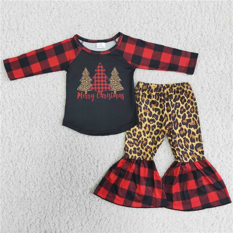 6 B12-38 Plaid Christmas Tree Long Sleeve Top + Leopard Print Pants