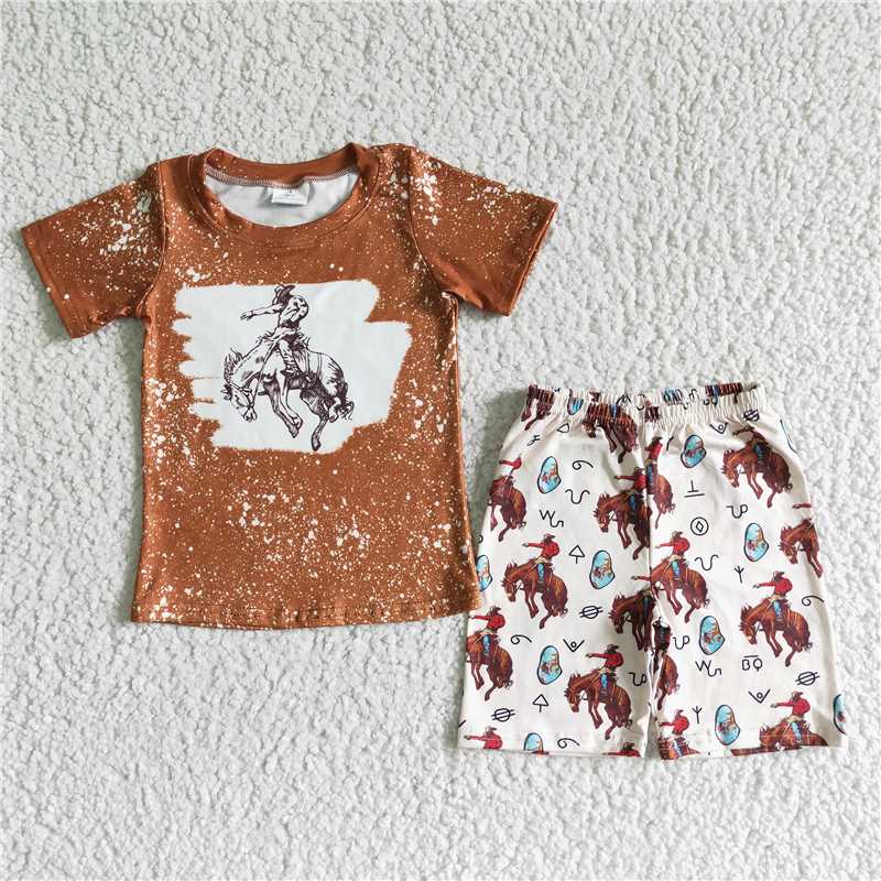BSSO0076 Boys Western Cowboy Riding Short Sleeve Shorts Set