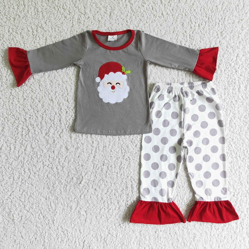 6 A24-14 Girls Embroidered Santa Claus Long Sleeve Top Red Pants Set