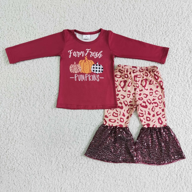 6 A25-14 Tricolor Pumpkin Burgundy Top Burgundy Sequined Flared Pants Set D 8.7